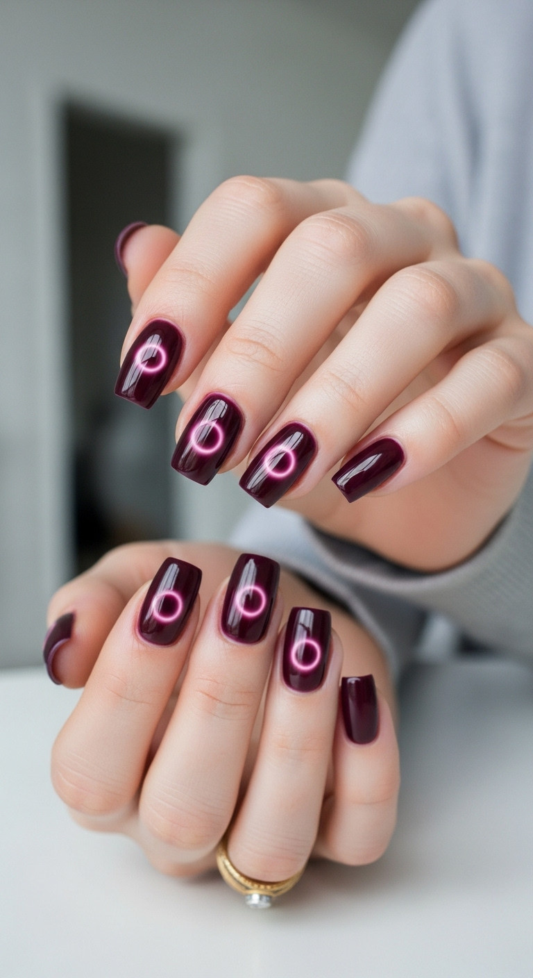 Well-manicured hands with rounded square nails featuring ethereal plum aura design in bright airy daylight on a neutral gray backdrop