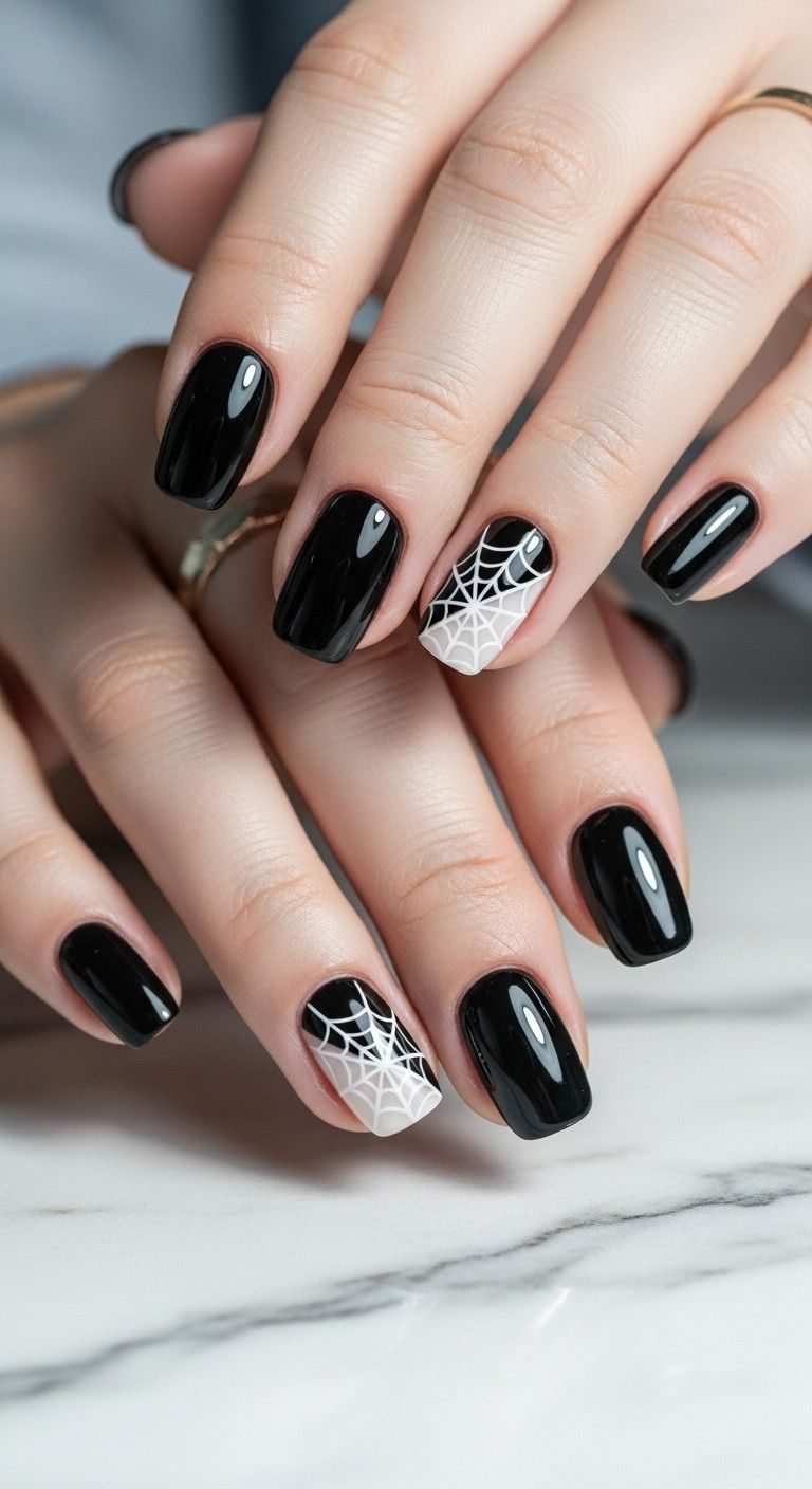 Short black squoval nails with minimalist white spiderweb accents resting on a marble countertop perfect for Halloween
