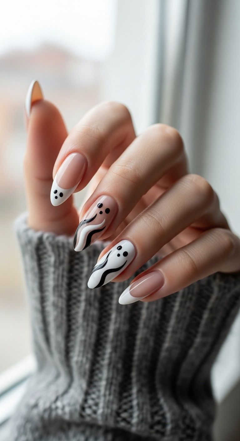 Elegant hand with almond ghost French tip Halloween nails against a blurred gray sweater ideal for Pinterest