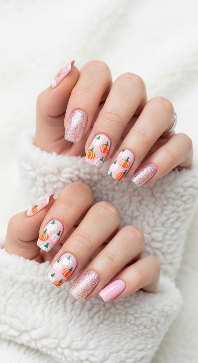 Cute pink pumpkin patch nails on rounded nails resting on a white sherpa blanket perfect for a festive look