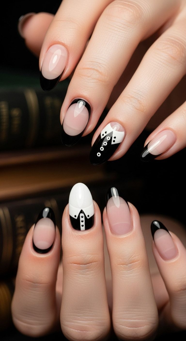 Oval nails with Wednesday Addams inspired gothic design against vintage books perfect for a chic spooky look