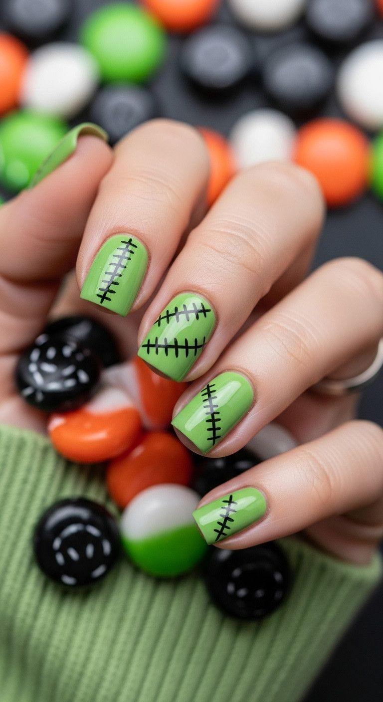 Short square Frankenstein stitches nails holding Halloween candy perfect for a spooky green look