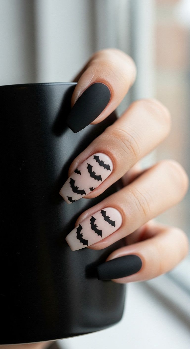 Coffin nails with matte black bat silhouettes holding a ceramic mug perfect for a sophisticated spooky look