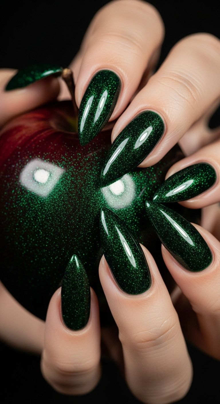 Elegant stiletto nails with villainous emerald green velvet polish holding a glistening poison apple