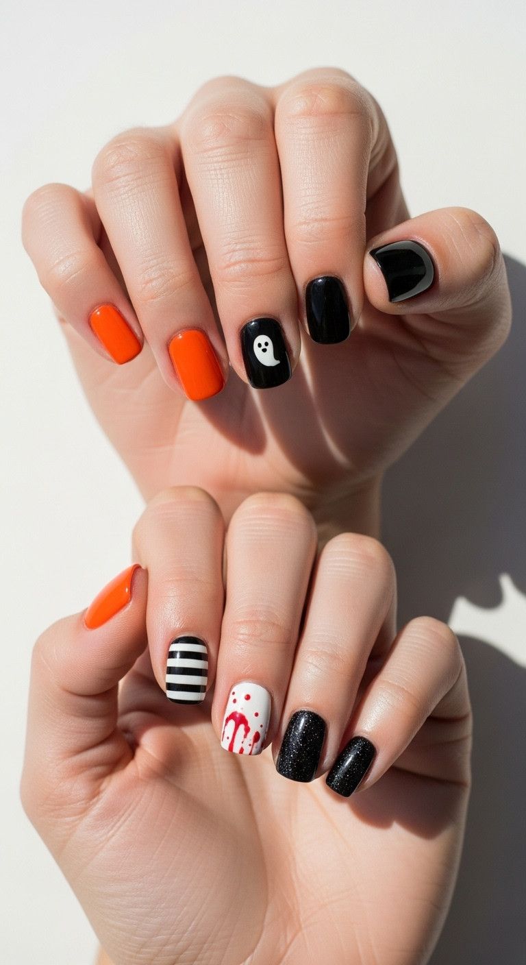 Hands with a mix-and-match spooky skittle Halloween manicure on a neutral surface perfect for fun vibes