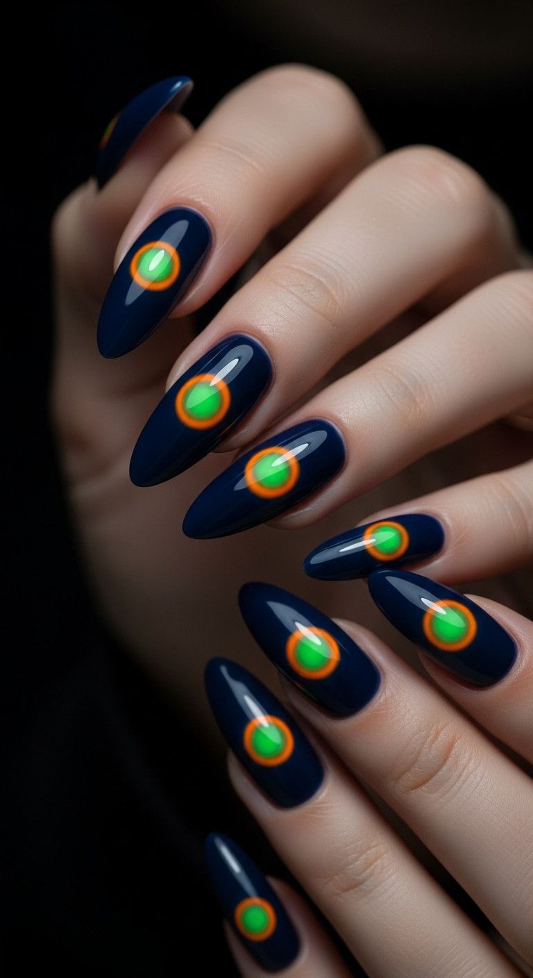 Long almond spooky aura nails with glowing orange and green centers on a dark background