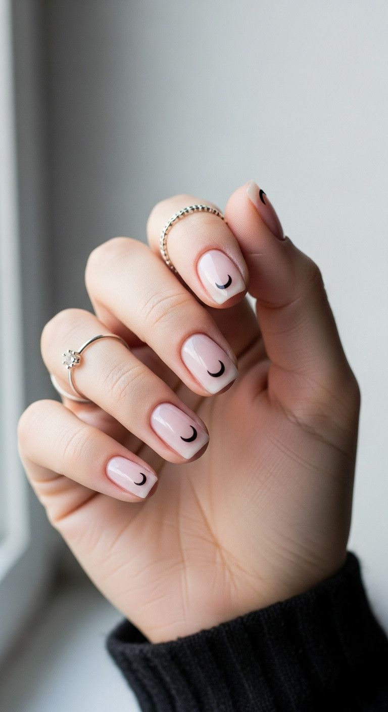 Short natural nails with subtle black crescent moons holding a silver ring for a minimalist witchy look