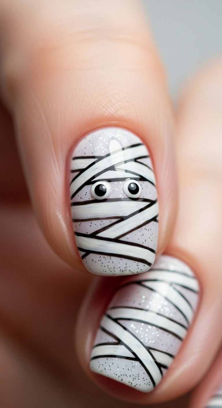 Rounded mummy nails with cute peeking eyes and silver glitter perfect for a fun Halloween look