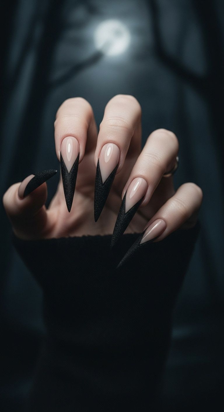 Fierce stiletto werewolf claw nails against a moonlit forest background perfect for a predatory look