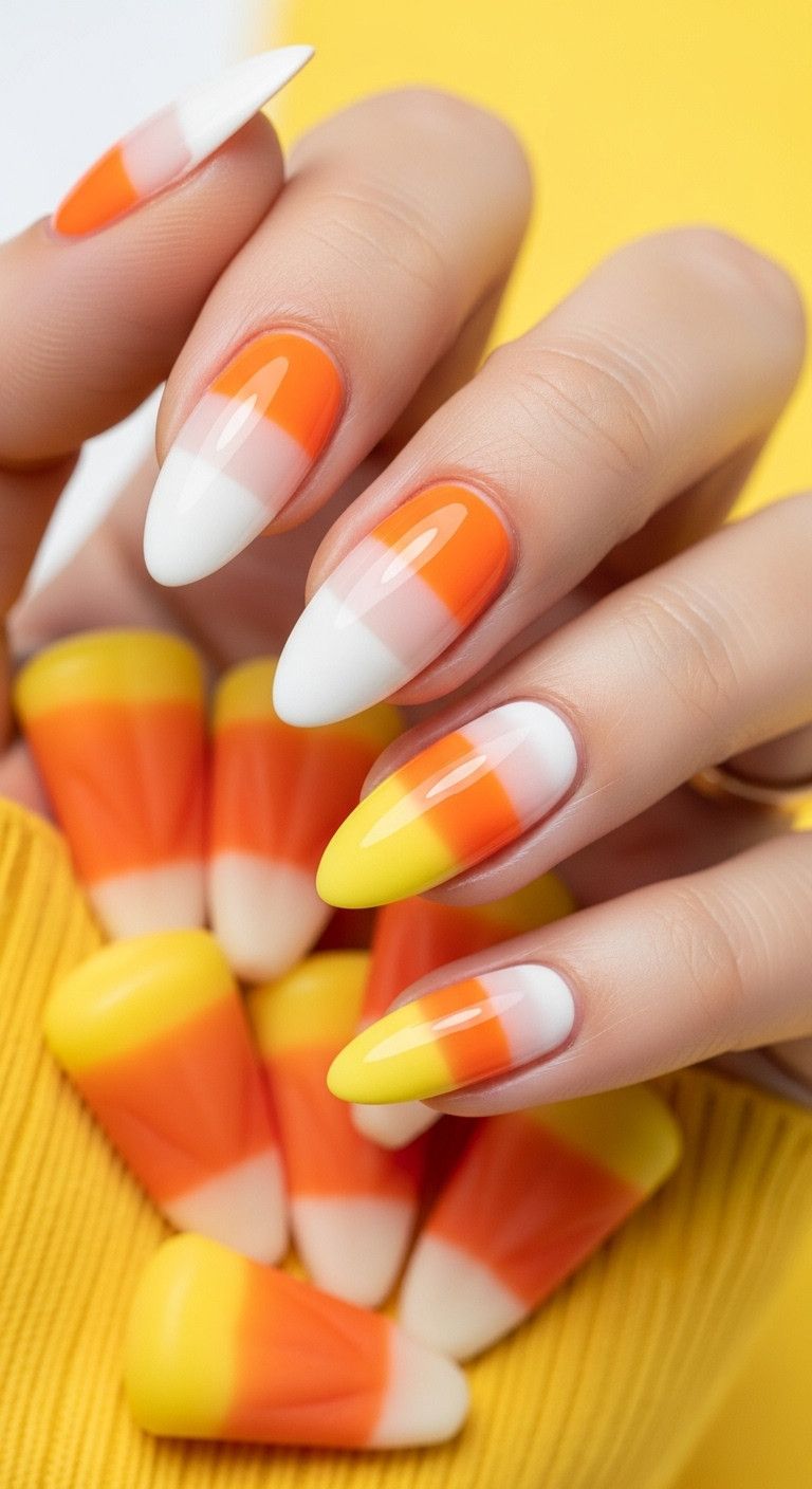 Almond candy corn ombré nails holding actual candy corn perfect for a vibrant Halloween look