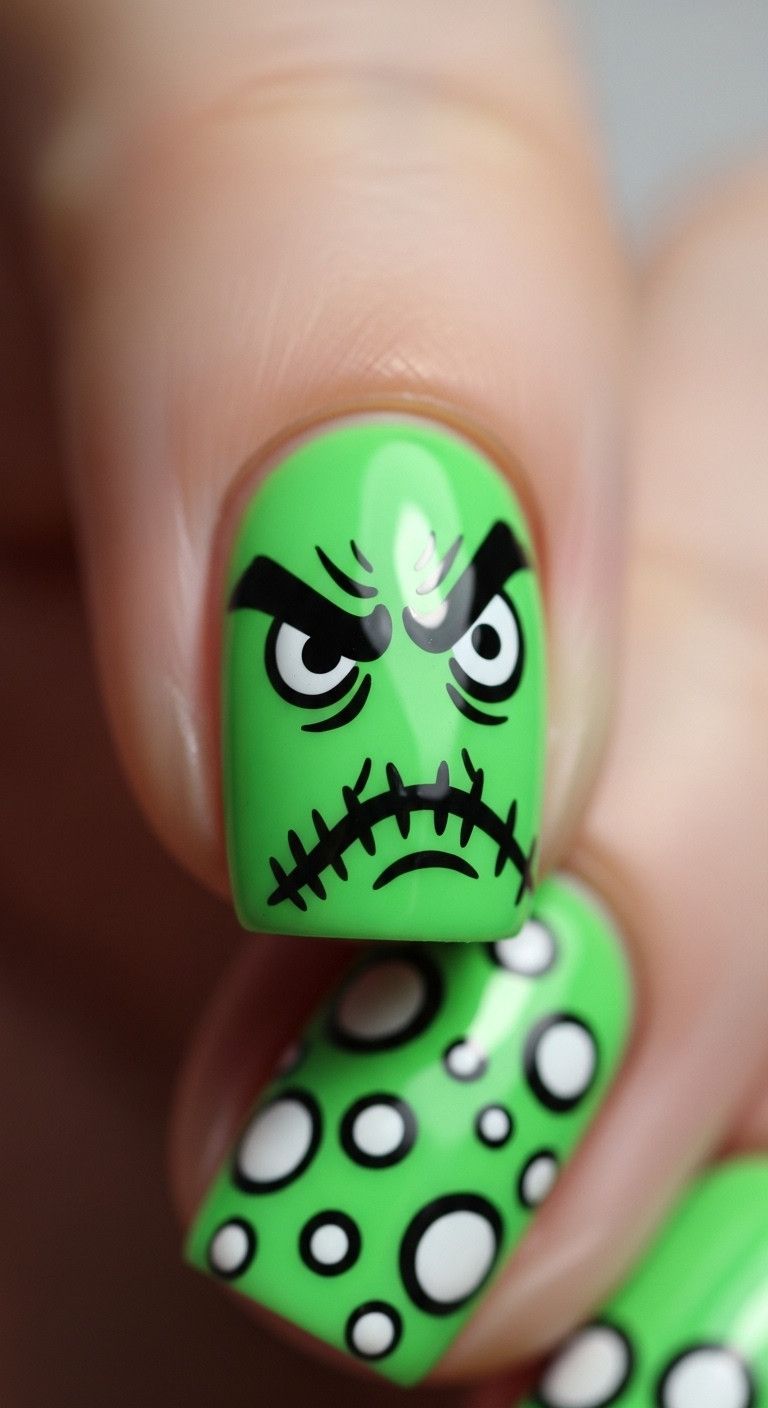 Vibrant pop art zombie nail design with green base and comic book details for a bold look