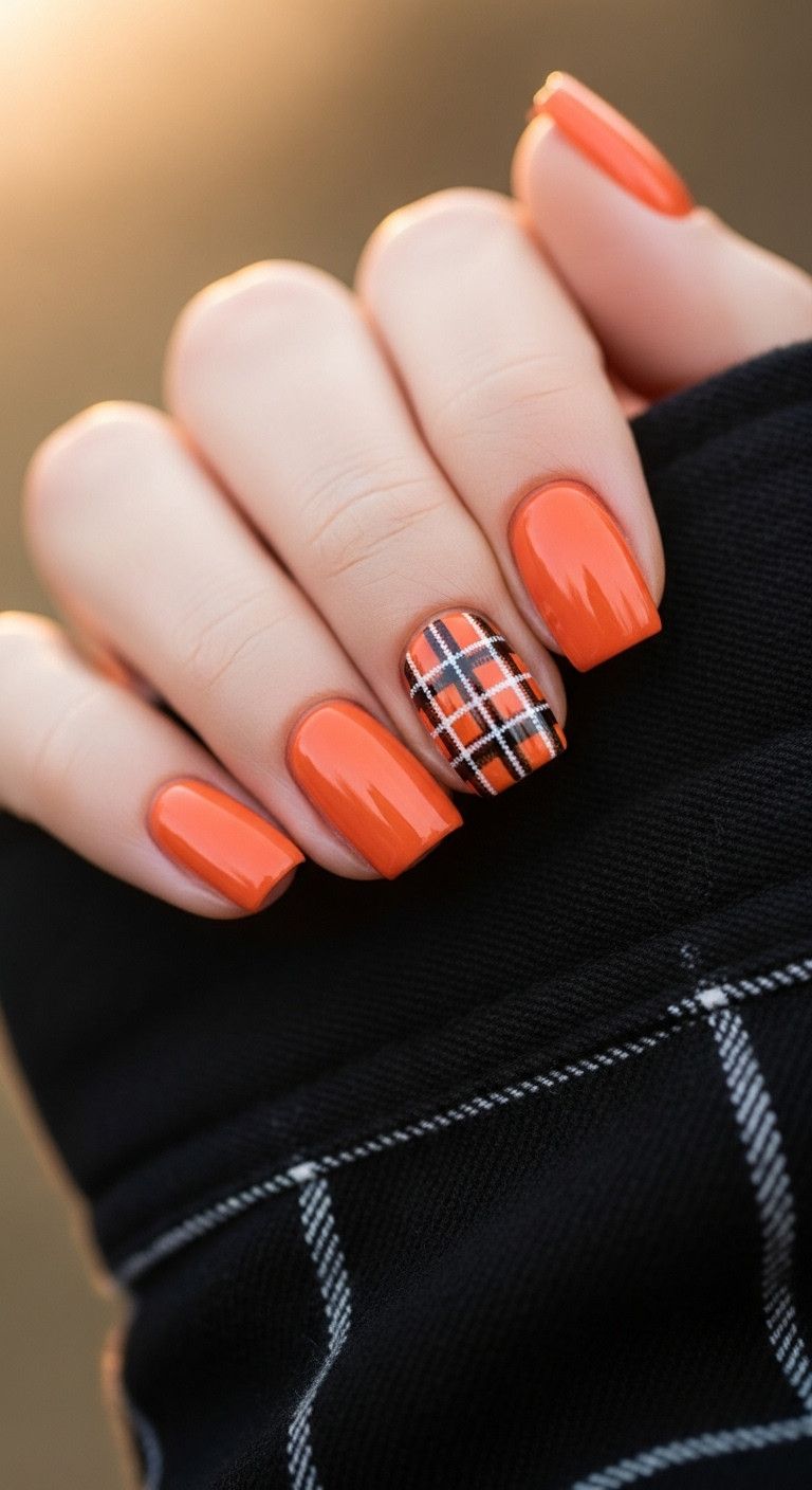 Cozy short square orange and black plaid nails holding a black flannel shirt sleeve perfect for autumn