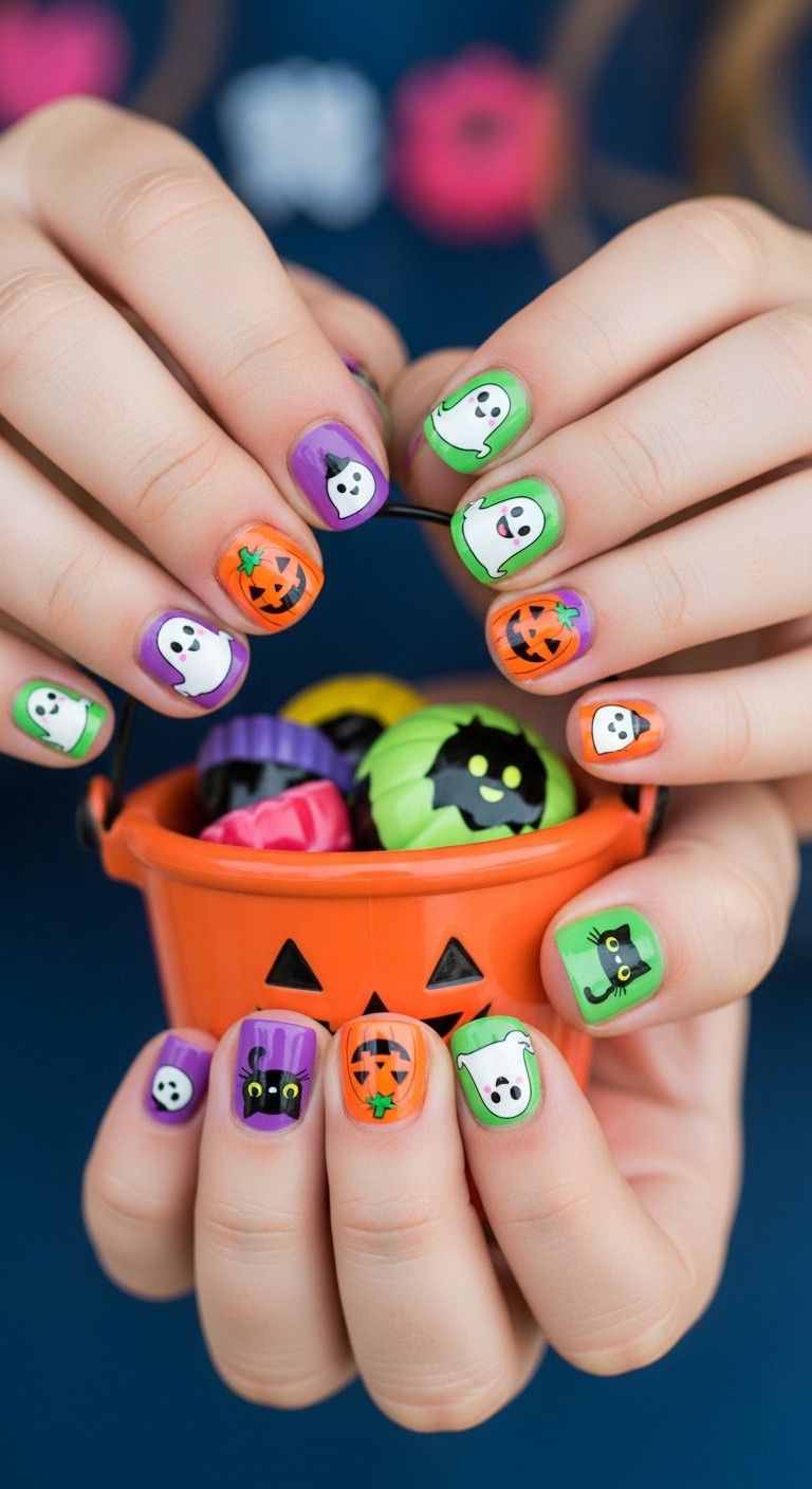 Childs hands with Halloween nails for kids holding a treat bucket with friendly ghosts and smiling pumpkins