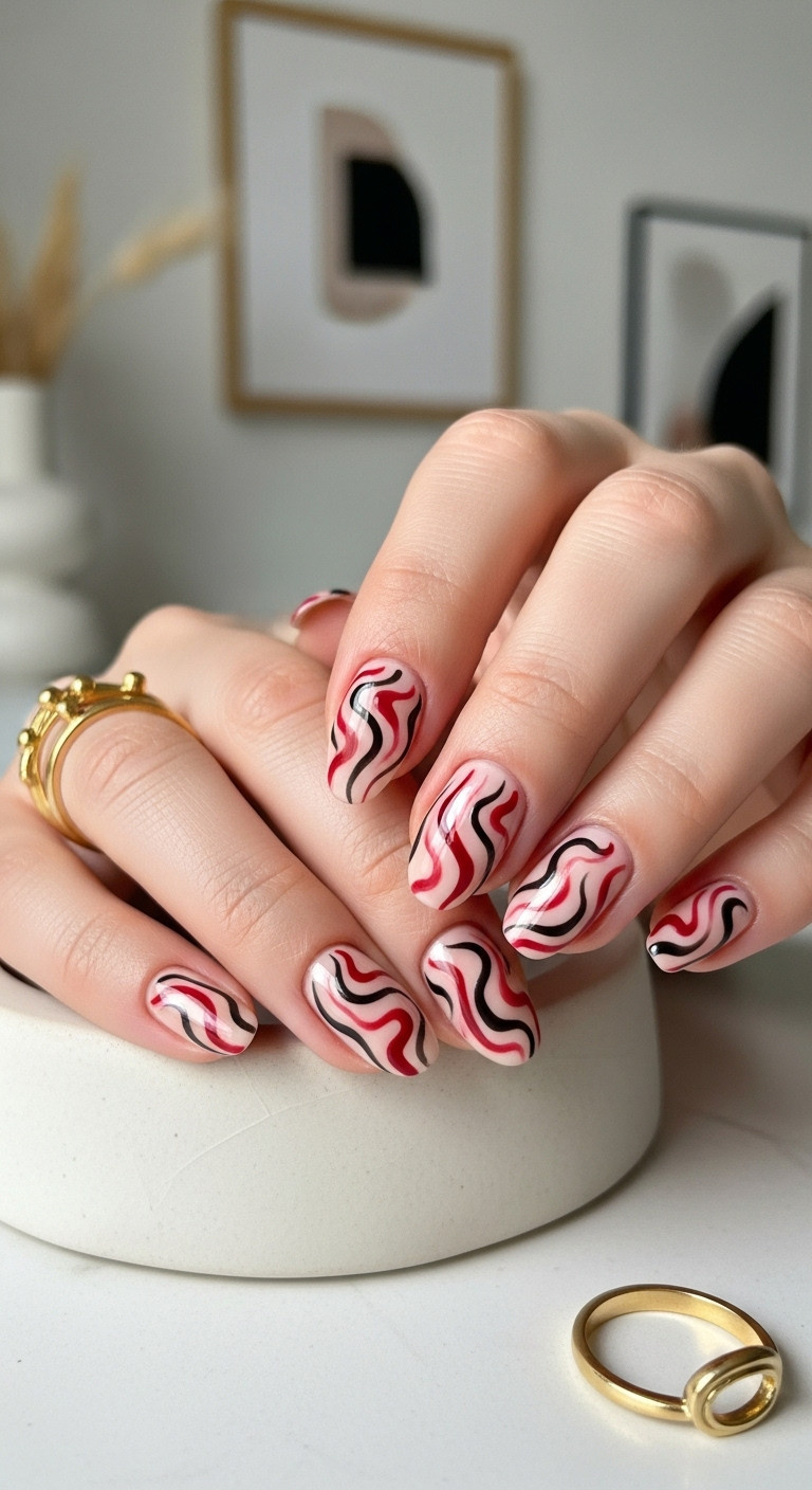 AbstractRedSwirlNailsHalloweenAlmondShortModern
