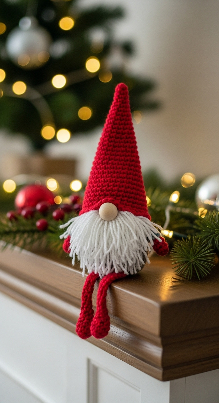 Adorable mini crochet Christmas gnome with red hat and white beard sitting on a mantelpiece with a blurred Christmas tree background