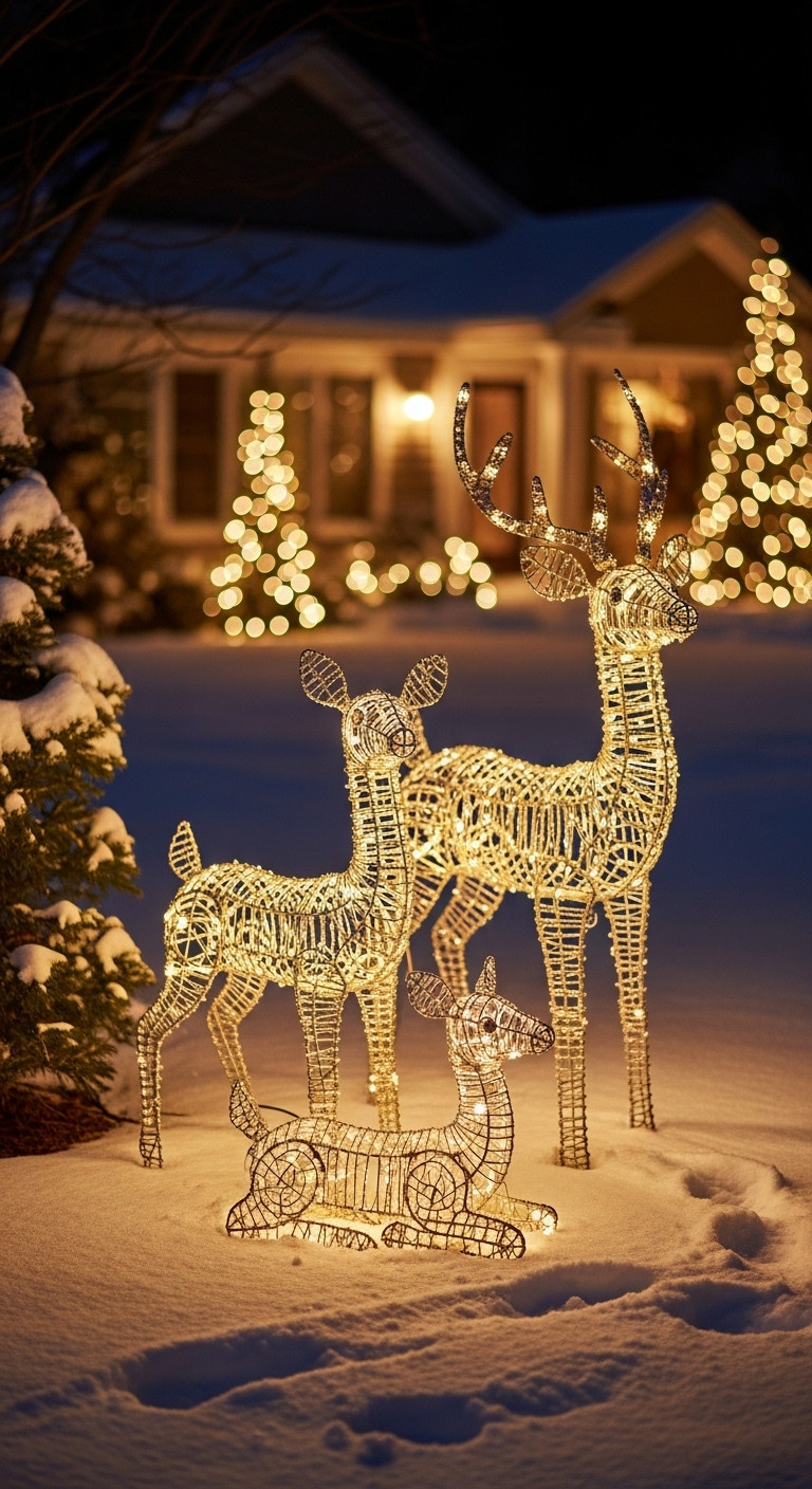 An elegant family of three glitter-dusted lighted wire-frame deer gracefully posed in a snowy front yard at night