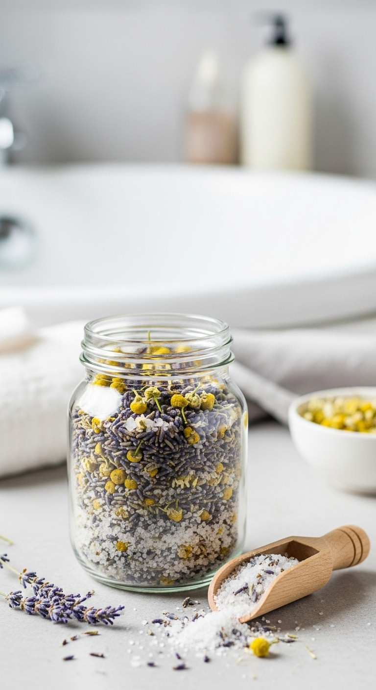 Apothecary jar of homemade bath salts with lavender and chamomile, a wooden scoop on a stone surface