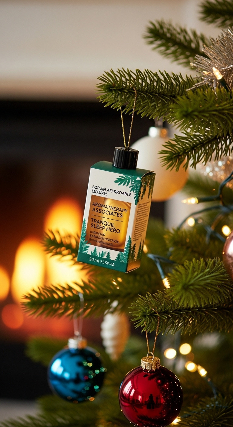 Aromatherapy Associates Tranquil Sleep Hero bath oil in a festive bauble box hanging on a Christmas tree