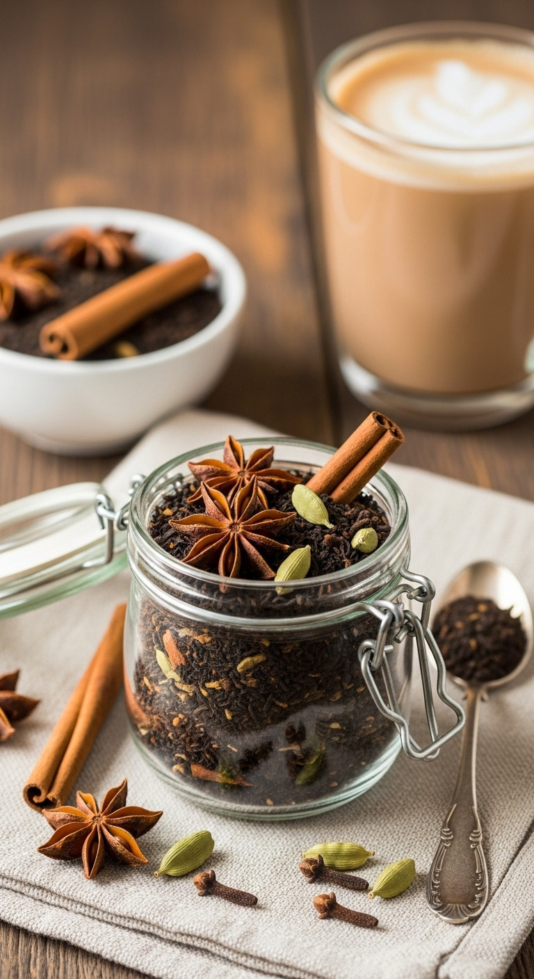 Aromatic spiced chai tea mix in a hermetic glass jar with whole spices and a steaming mug
