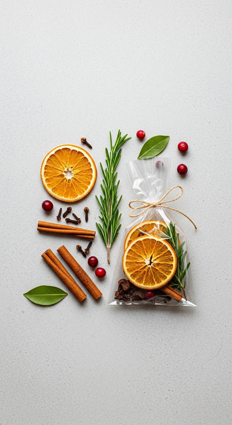 Aromatic stovetop potpourri kit with dried oranges cinnamon cloves and rosemary next to a cellophane gift bag for neighbors
