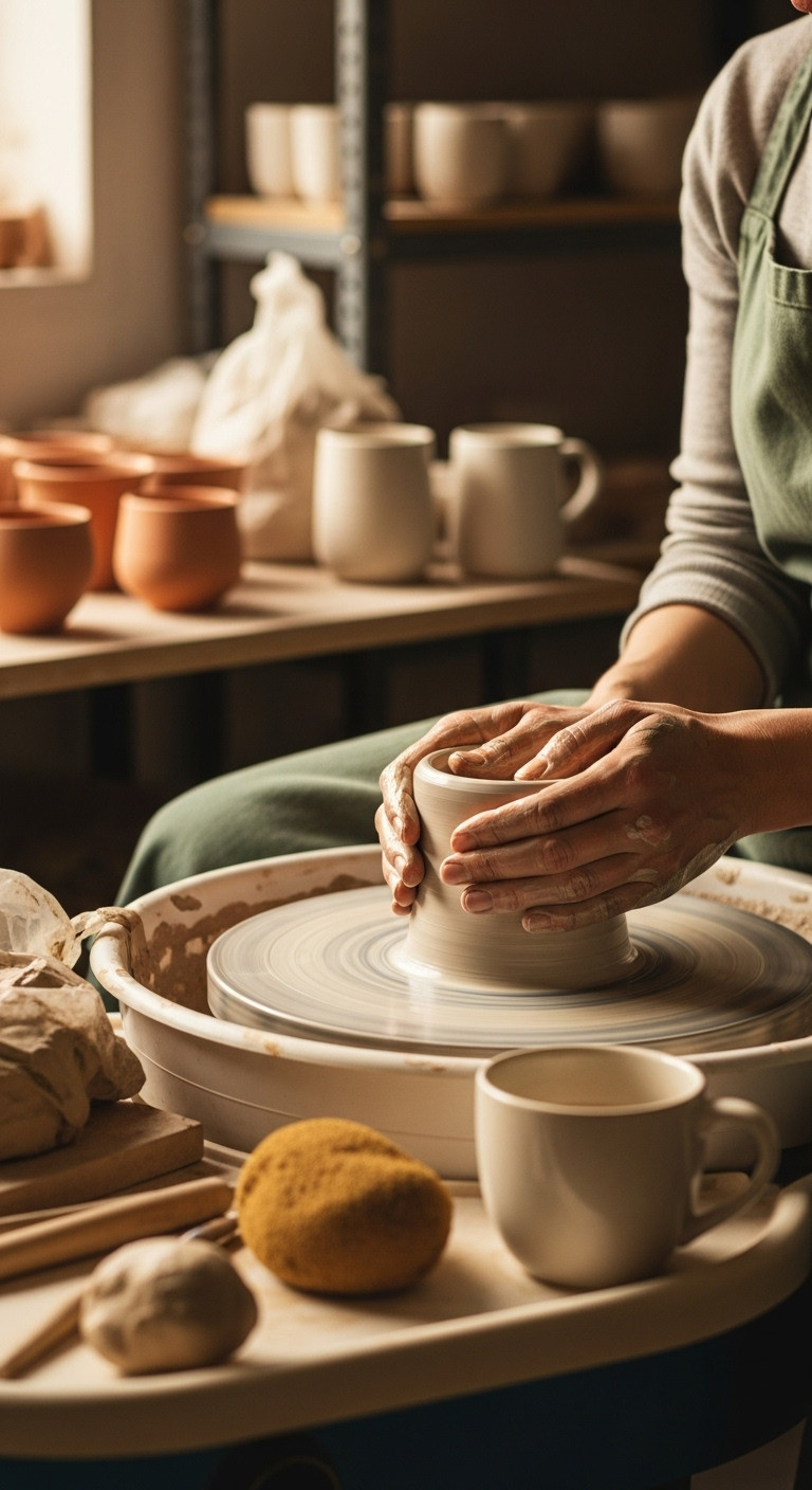 Artisan hands skillfully shaping clay on a potter's wheel in a rustic studio. Handmade pottery crafting process, ceramic art.