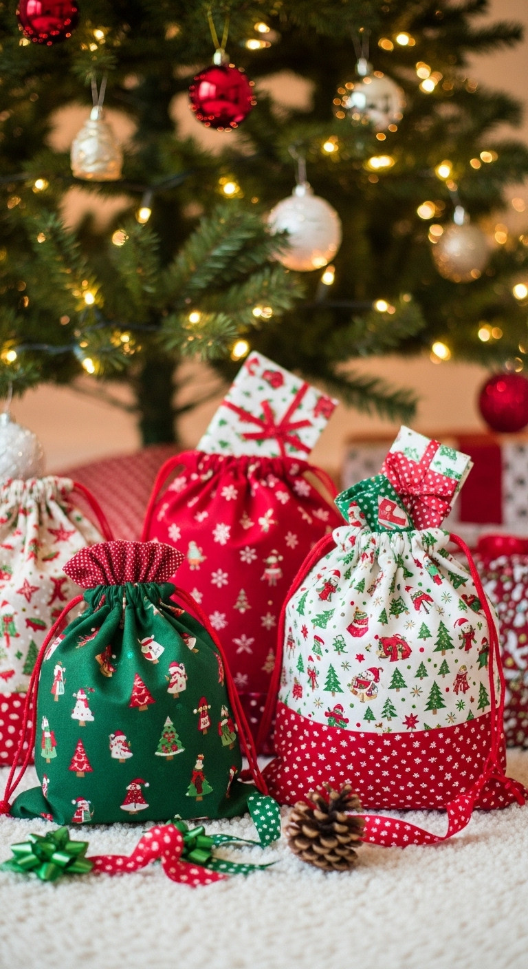 Assorted festive fabric gift bags under a glowing Christmas tree with pinecones and ribbons on a white rug