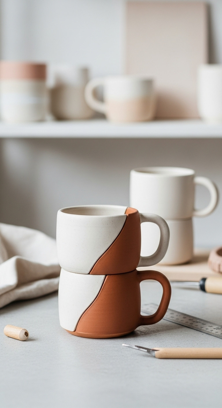 Avant-garde hand-built clay mug with stacked contrasting segments, bold architectural form on concrete in minimalist studio.