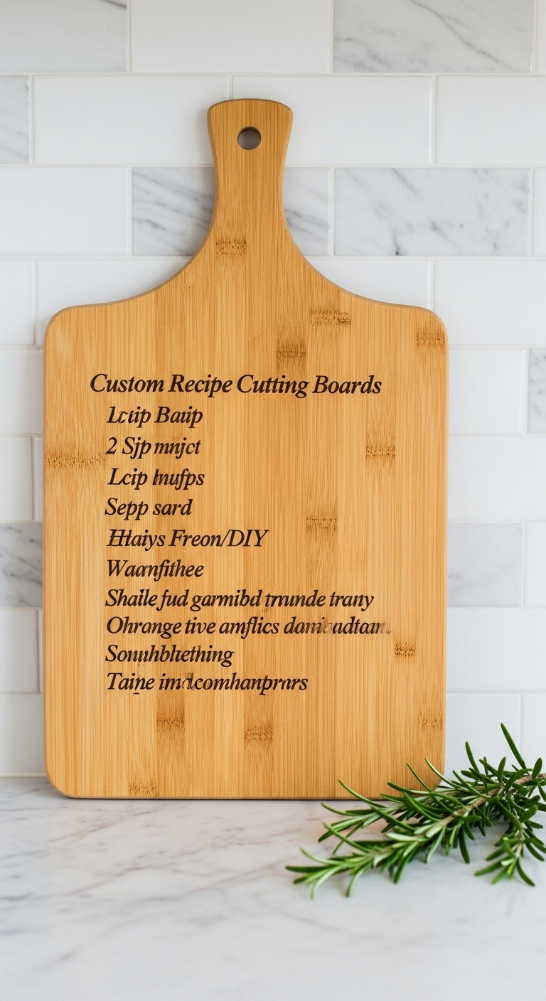 Bamboo cutting board with engraved family recipe and rosemary on marble countertop in a modern farmhouse kitchen with baking tools