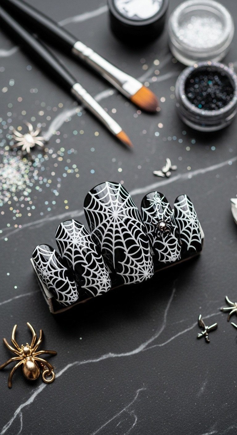 Black spiderweb Halloween nails on marble countertop with metallic spider and tools