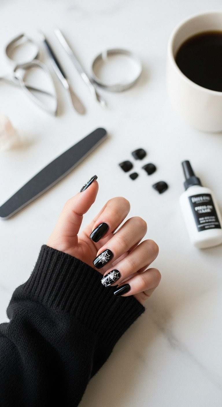 BlackHalloweenPressOnNailsOnMarbleCountertop
