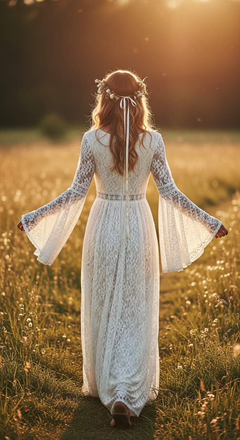 Bohemian bride in a flowing bell sleeve wedding dress with lace, flower crown, walking in a golden hour meadow.