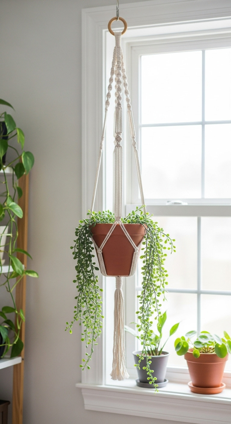 Boho crochet plant hanger with a terracotta pot and trailing plant hanging in front of a bright window in a minimalist room