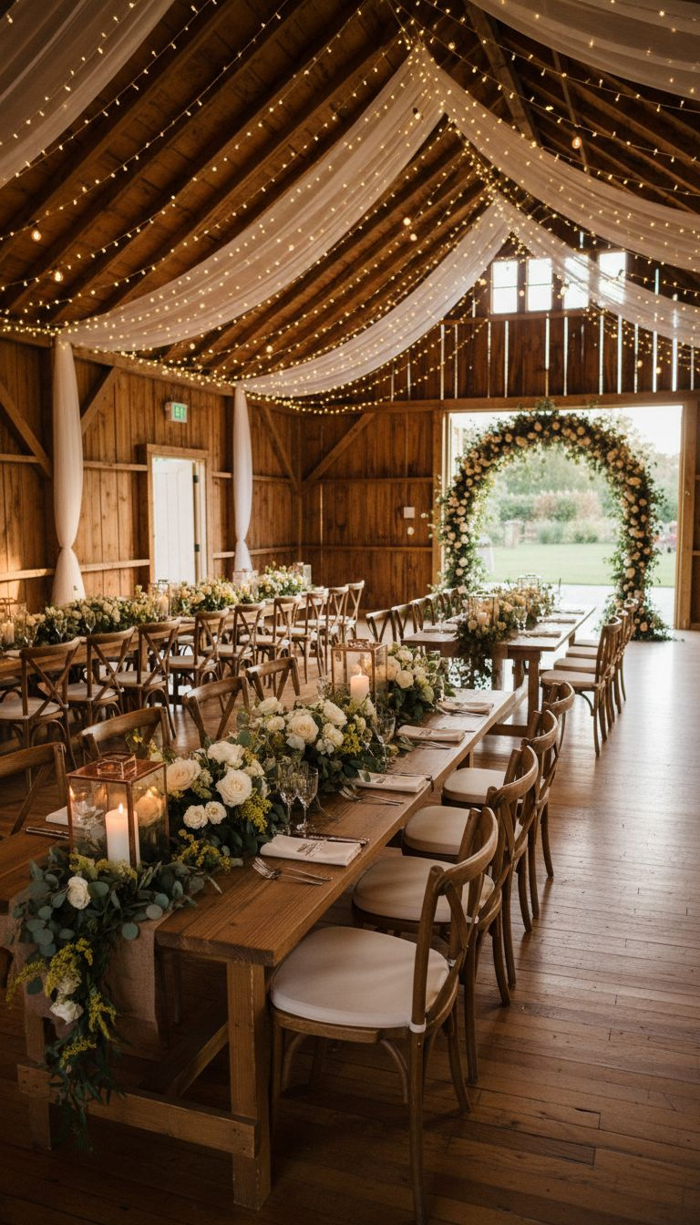 Breathtaking dream wedding venue: rustic barn with string lights, elegant ballroom, or romantic garden setting.