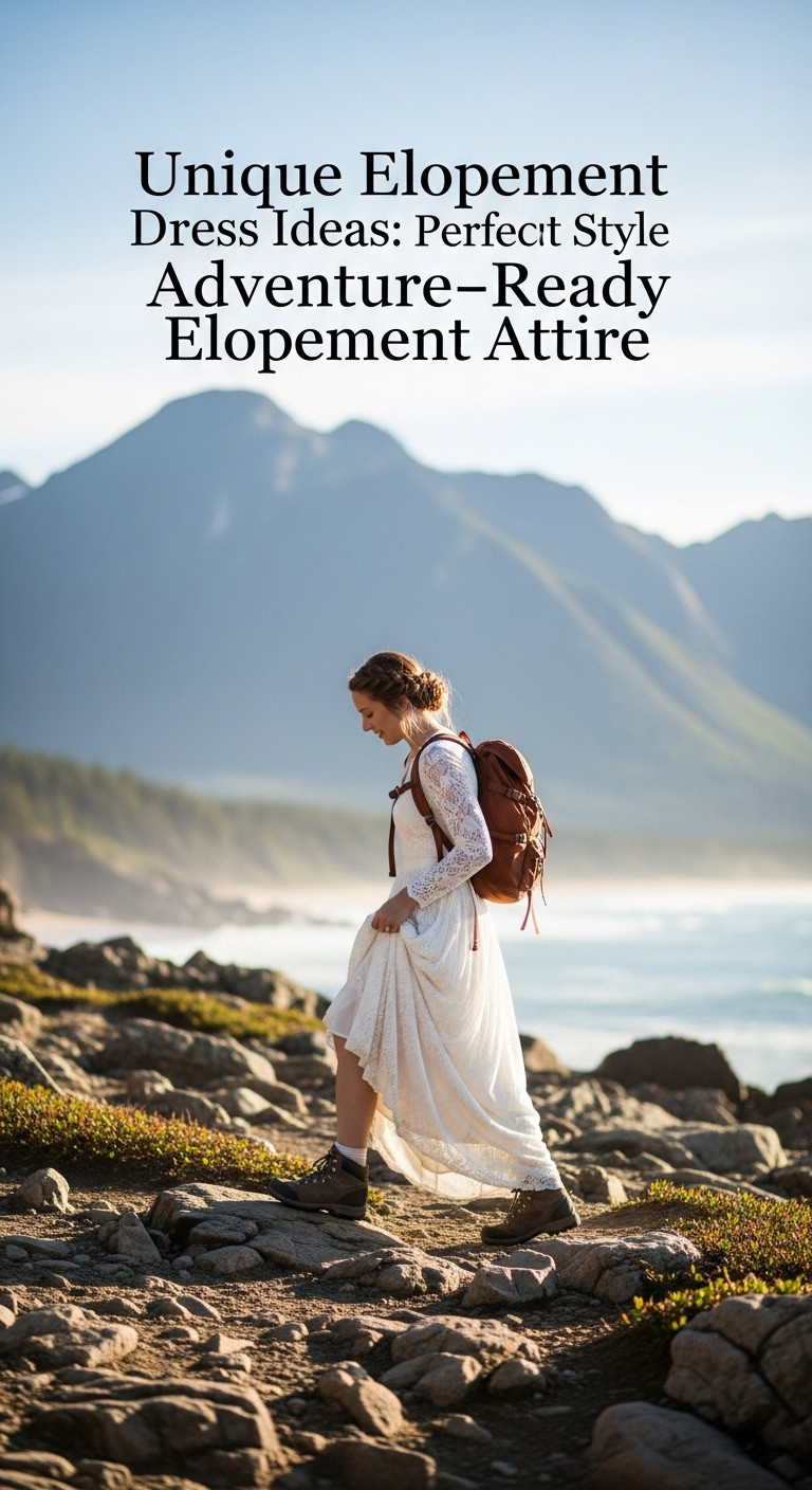 Bride hiking in a flowy chiffon adventure elopement dress, hiking boots, small backpack, majestic mountain landscape.