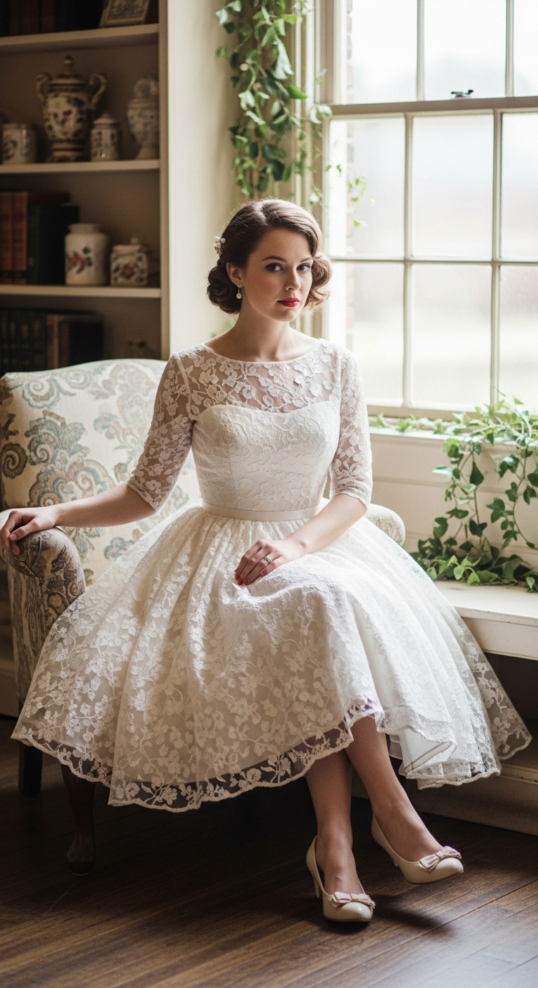 Bride in a charming vintage tea-length embroidered elopement dress, pearl earrings, red lip, quaint secret garden.