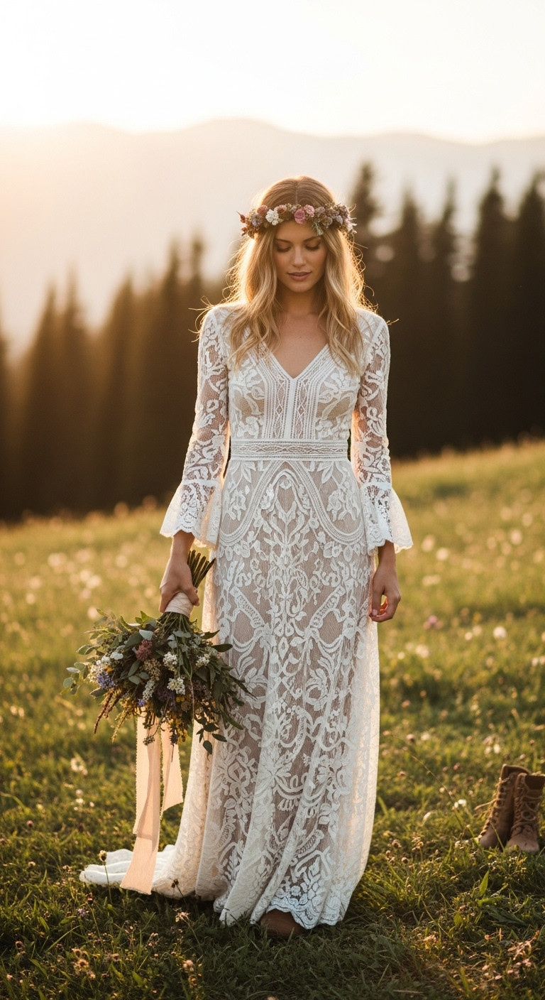 Bride in a flowy, long-sleeved boho lace elopement gown with floral patterns and flower crown, golden hour forest clearing.