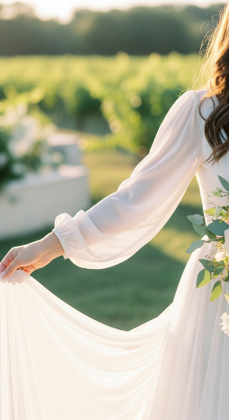 Bride in a graceful tulle long sleeve wedding dress, ethereal drape, with a floral bouquet in a romantic garden setting.