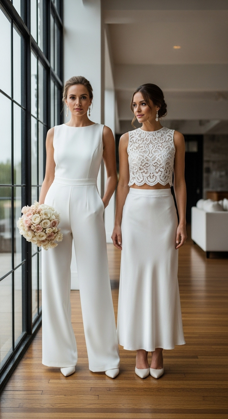 Bride in a modern white bridal jumpsuit, wide-leg, drop earrings, sleek heels, elegant minimalist indoor venue, natural light.