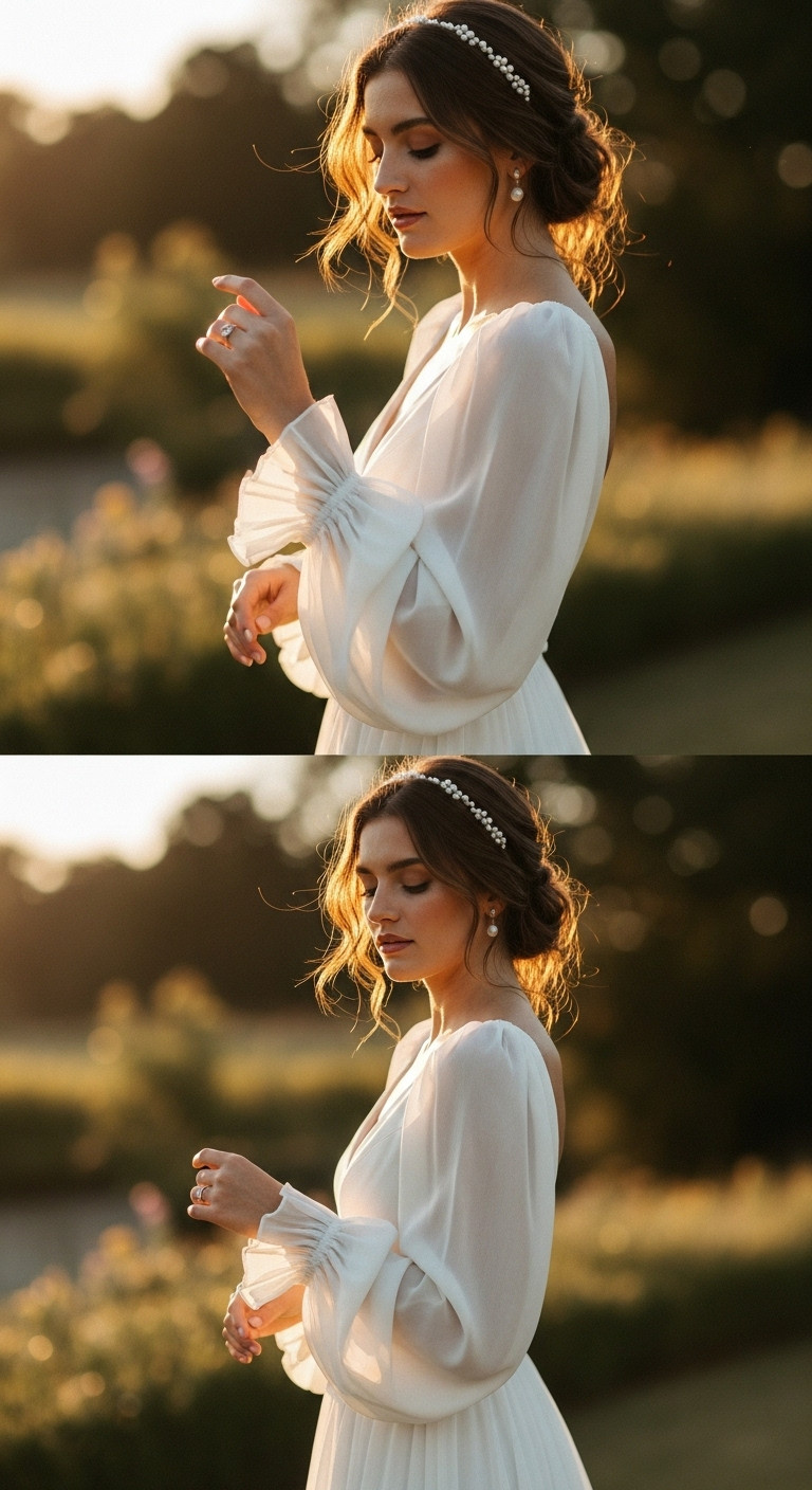 Bride in a romantic bishop sleeve wedding dress made of flowing chiffon, ethereal silhouette in a golden hour garden.