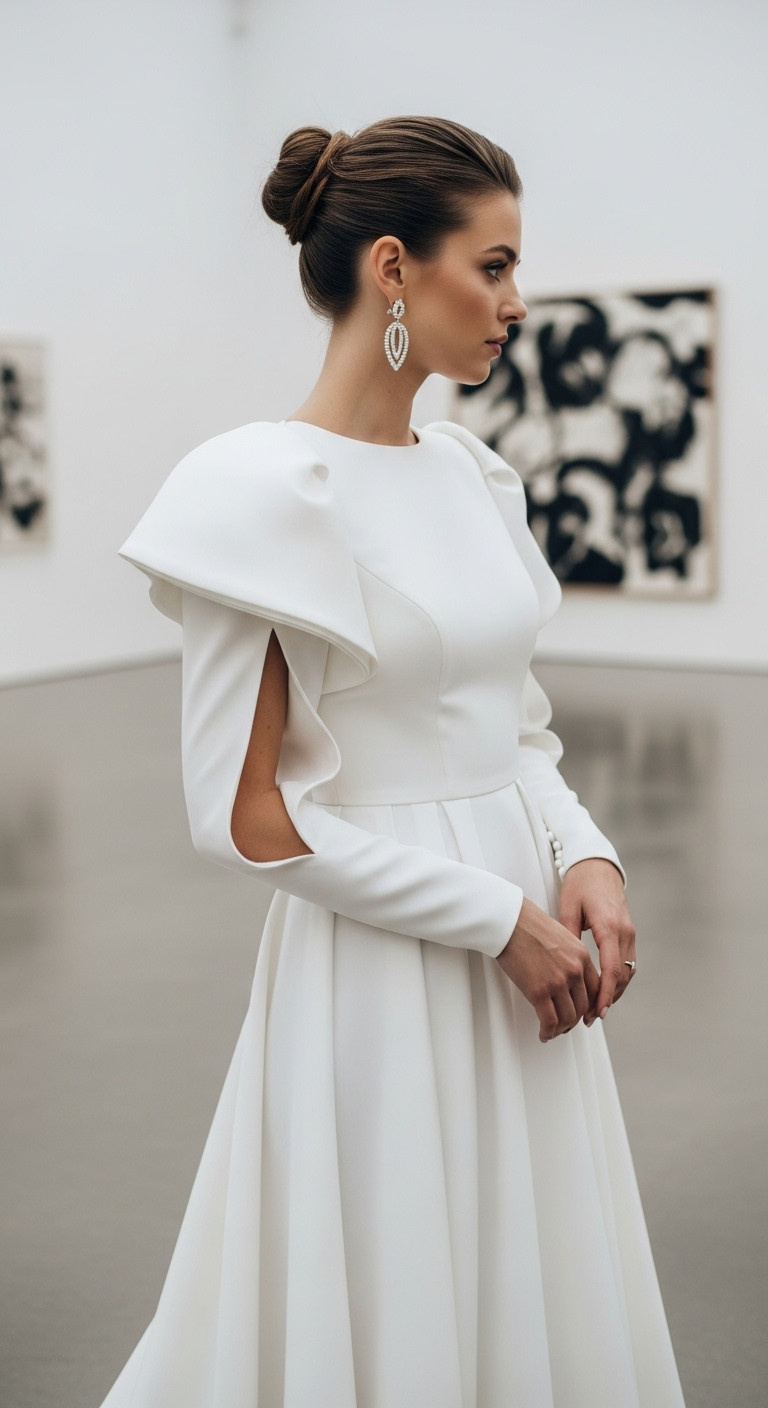 Bride in a sculptural statement sleeve wedding dress, architectural design, bold jewelry, against a modern art gallery backdrop.