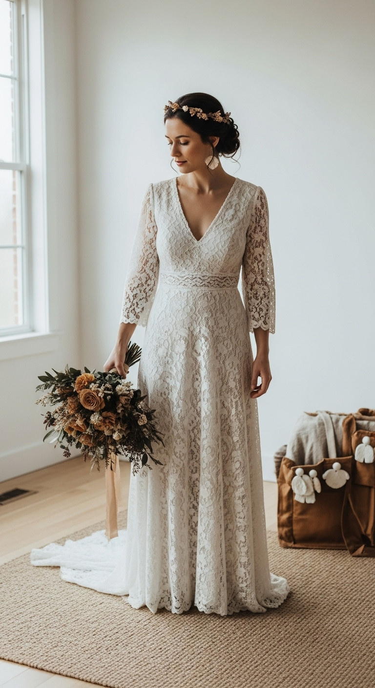 Bride in a sustainable eco-friendly elopement dress, organic cotton, local wildflowers, natural light, serene open field.