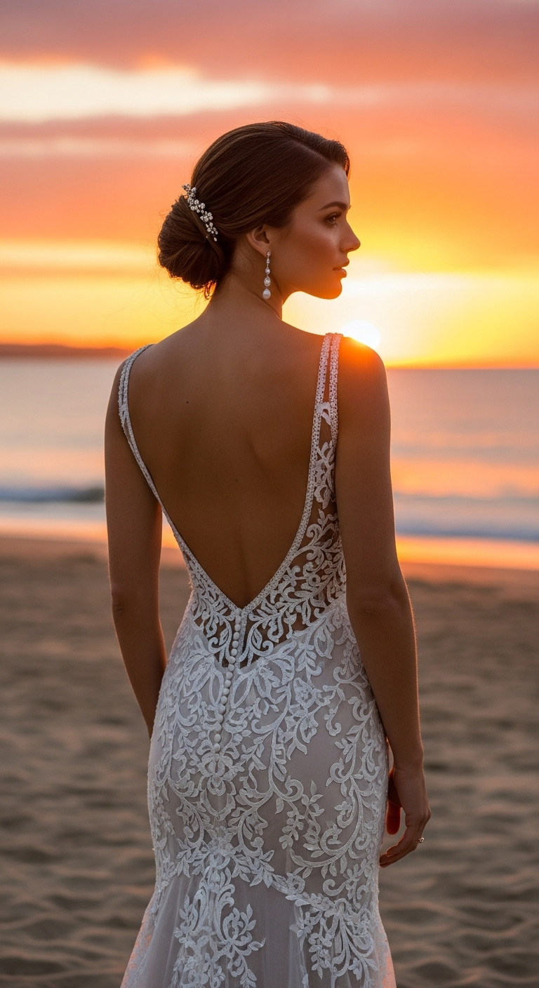 Bride in backless illusion beach wedding dress with intricate lace, on vibrant sunset beach. Elegant updo, chic silhouette.