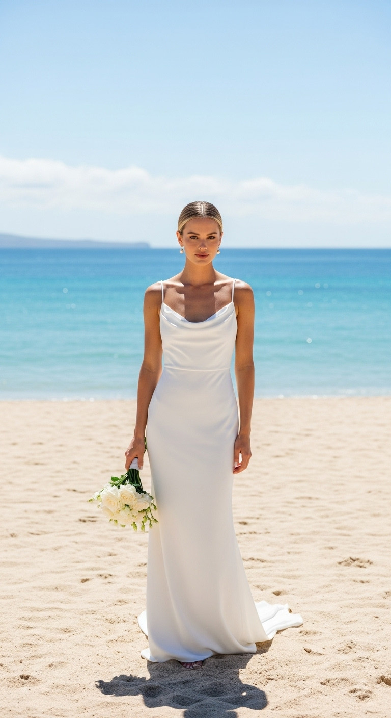 Bride in chic minimalist crepe column wedding dress on a bright sandy beach. Features clean lines, elegant drape, perfect for a modern coastal wedding.