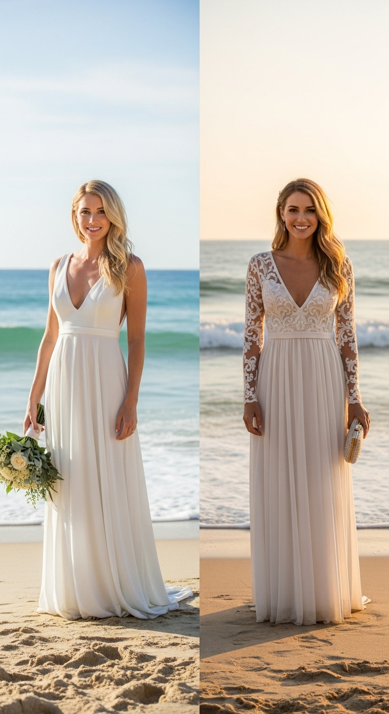 Bride in convertible beach wedding dress diptych, day vs. dusk. Detachable features for versatile ceremony and reception looks.