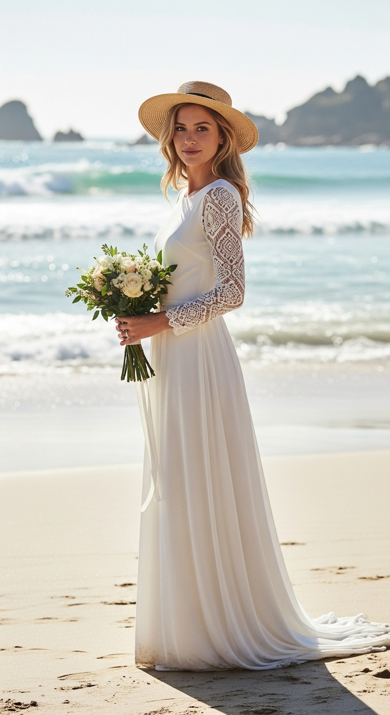 Bride in elegant long sleeve beach wedding dress with delicate lace. Sun-drenched sandy beach, sophisticated coastal style.