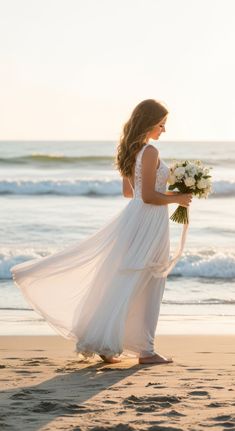 Bride in flowing chiffon A-line beach wedding dress, skirt billowing on sandy beach at sunset. Barefoot, holding simple floral bouquet, evoking romantic coastal style.