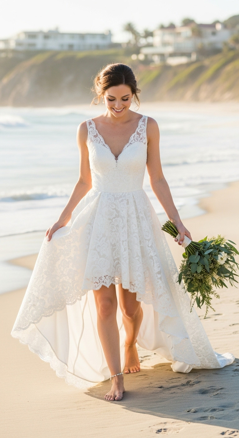 Bride in high-low hemline beach wedding dress, gracefully walking on sandy beach. Playful elegance, barefoot. Perfect for coastal celebration.