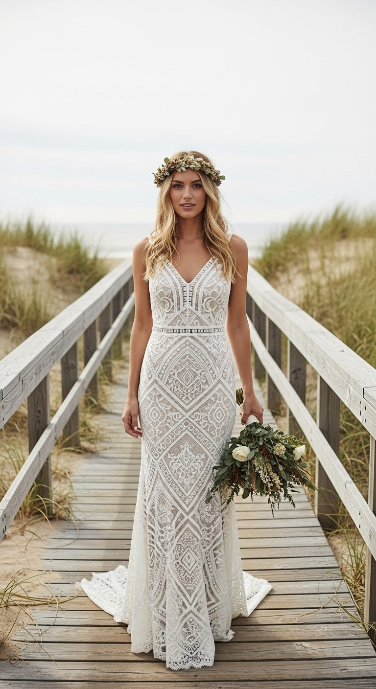 Bride in intricate boho lace sheath wedding dress, floral patterns, on rustic boardwalk. Wearing flower crown, perfect for coastal bohemian style.