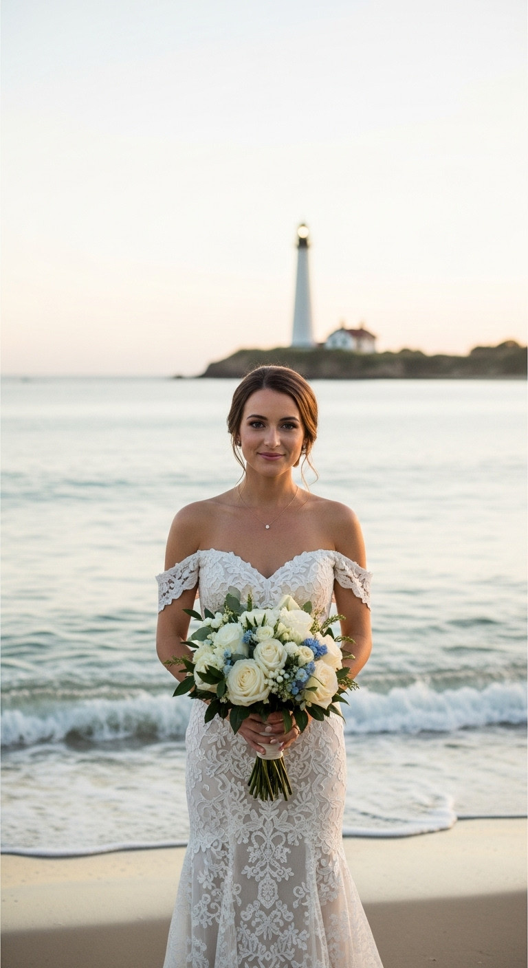 Bride in romantic off-the-shoulder beach wedding dress, delicate neckline, on serene sandy cove at dusk. Elegant, breezy silhouette.