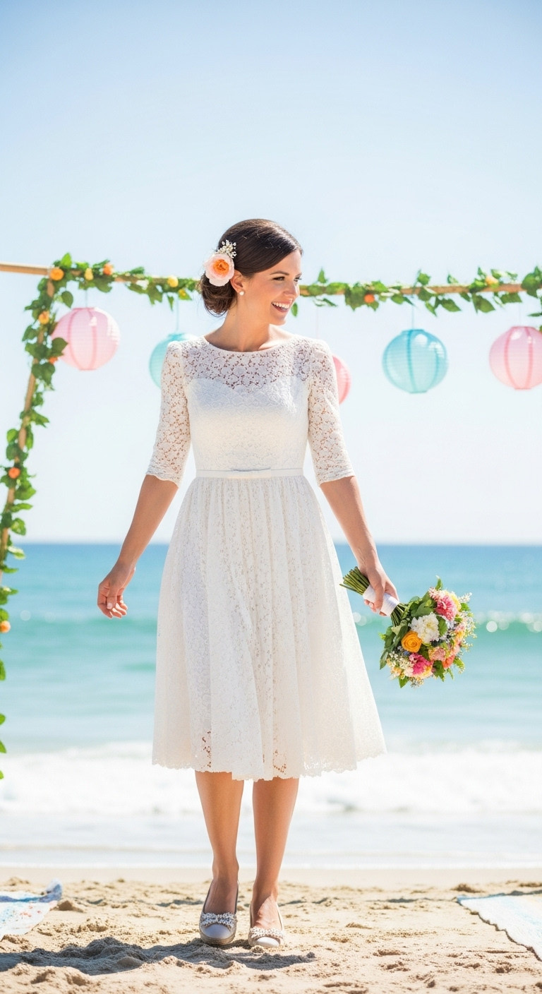 Bride in short midi-length beach wedding dress, playful hemline, on bright sandy beach. Elegant bridal flats, whimsical flower in hair.